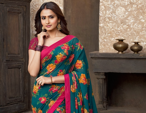 Georgette Green Saree With Blouse