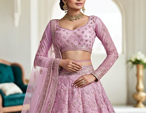 Net Embroidered Semi Stitched Lehenga Choli