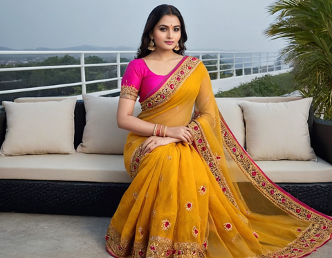 Yellow Pink Syclon Silk Net Zari EMBROIDERY SAREES