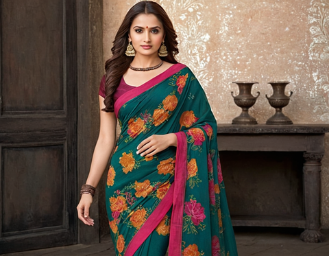 Georgette Green Saree With Blouse