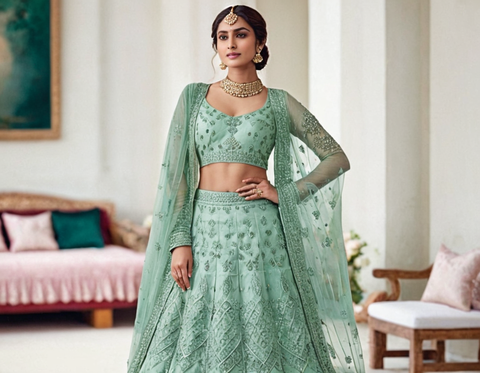 Net Embroidered Semi Stitched Lehenga Choli