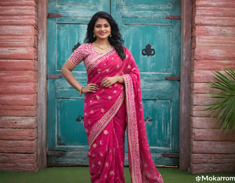 Jaipuri Printed Soft Cotton Mulmul Saree With Attached Blouse Piece for Woman