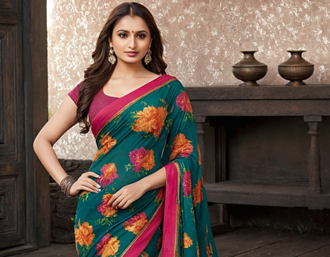 Georgette Green Saree With Blouse