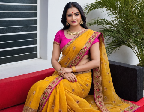 Yellow Pink Syclon Silk Net Zari EMBROIDERY SAREES
