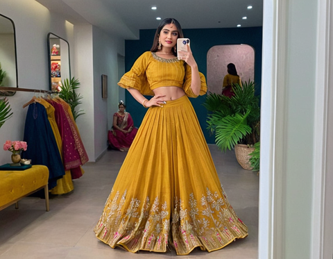 This stitched lehenga set includes Georgette fabric with sequin-thread embroidery and a matching top with beautiful lace-bordered sequin butties.