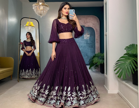 This stitched lehenga set includes Georgette fabric with sequin-thread embroidery and a matching top with beautiful lace-bordered sequin butties.