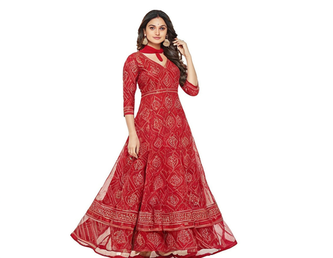 Bandhani Printed Gown Paired With Dupatta Set