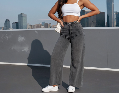 Dark Grey Straight Fit Wide Leg Jeans