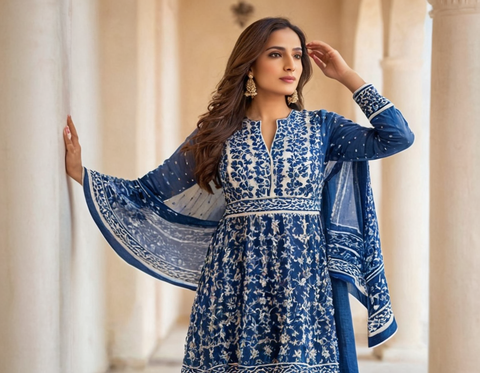 Women's Floral Printed Gown with Pant and Dupatta set