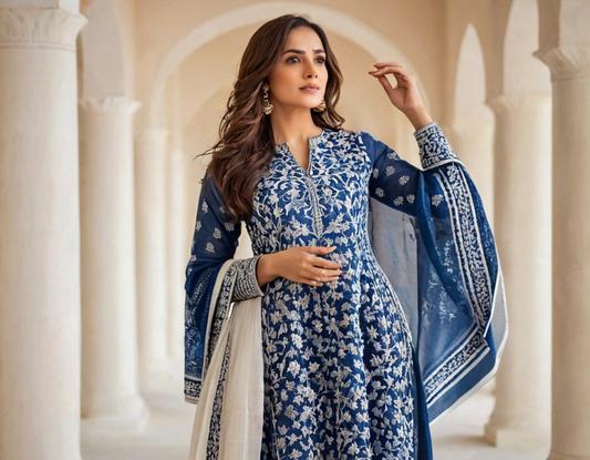 Women's Floral Printed Gown with Pant and Dupatta set