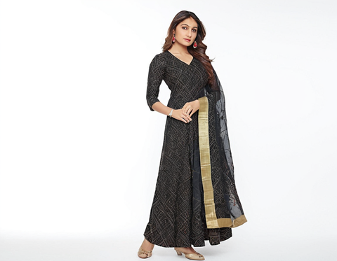 Bandhani Printed Gown Paired With Dupatta Set