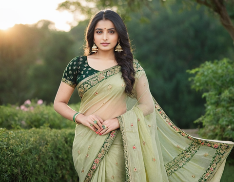 KRISHA FASHION Women's Designer Green Color Party Wear Bollywood Saree With Blouse ||Saree For Women||Designer Sari For Women||Wedding Saree For Women||Daily Wear Saree For Women||Bollywood Designer Festive Party Wear Saree\Sari