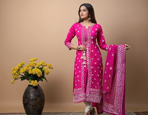 Trendy Graceful Women Pink Long Anarkali Kurti sets with Palazzo and Dupatta sets | Women Pink Long Kurti Sets with dupatta