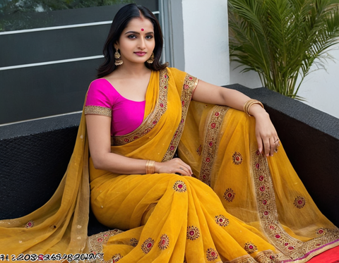 Yellow Pink Syclon Silk Net Zari EMBROIDERY SAREES