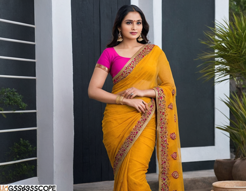 Yellow Pink Syclon Silk Net Zari EMBROIDERY SAREES