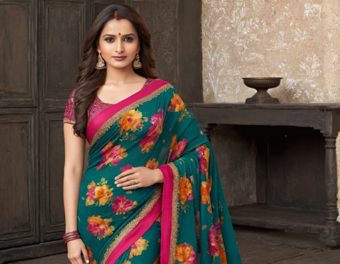 Georgette Green Saree With Blouse