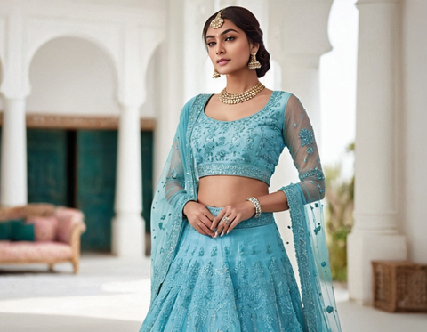 Net Embroidered Semi Stitched Lehenga Choli