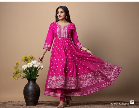 Trendy Graceful Women Pink Long Anarkali Kurti sets with Palazzo and Dupatta sets | Women Pink Long Kurti Sets with dupatta