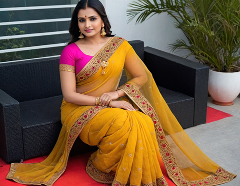 Yellow Pink Syclon Silk Net Zari EMBROIDERY SAREES