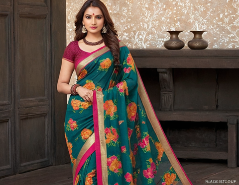Georgette Green Saree With Blouse