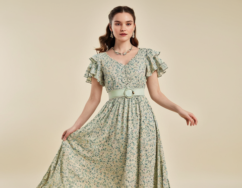 Madhuram Textiles Designer Women and Girls georgette V-Neck Butterfly sleeve Printed gowns