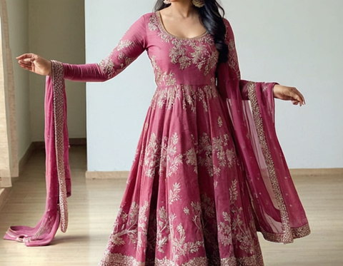 Elegant Gown For Women Pink Anarkali Gown and Full Sleeves With Matching Dupatta | Festive & Party Wear Ethnic Outfit | Lightweight Long Dress