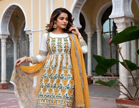 jaipuriadaah Women Printed Anarkali Kurta and Pant Set with Dupatta