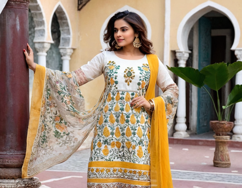 jaipuriadaah Women Printed Anarkali Kurta and Pant Set with Dupatta